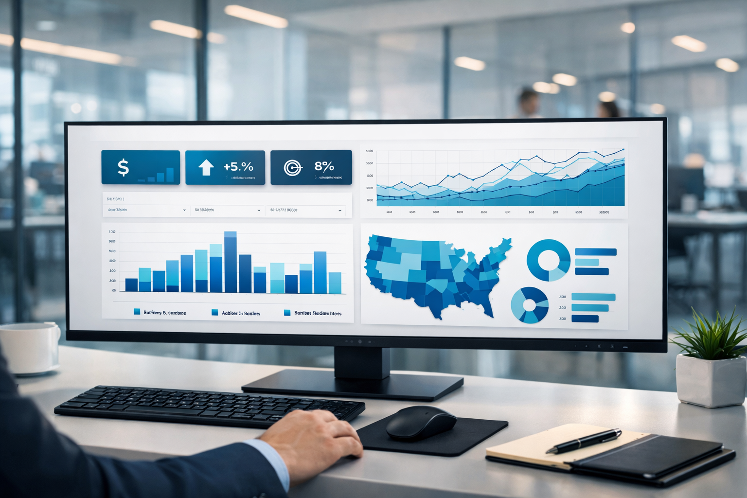 Professional Power BI dashboard displayed on a monitor showing KPI cards and business charts
