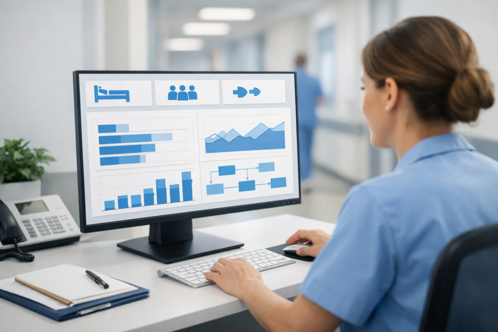 Healthcare operations dashboard displayed on a hospital workstation showing bed occupancy and patient flow metrics