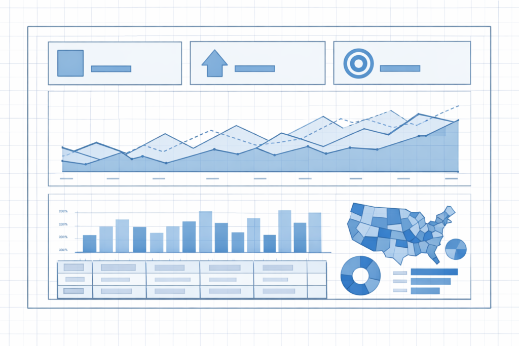Simple Power BI dashboard layout wireframe showing Z-pattern visual hierarchy with KPI cards and charts