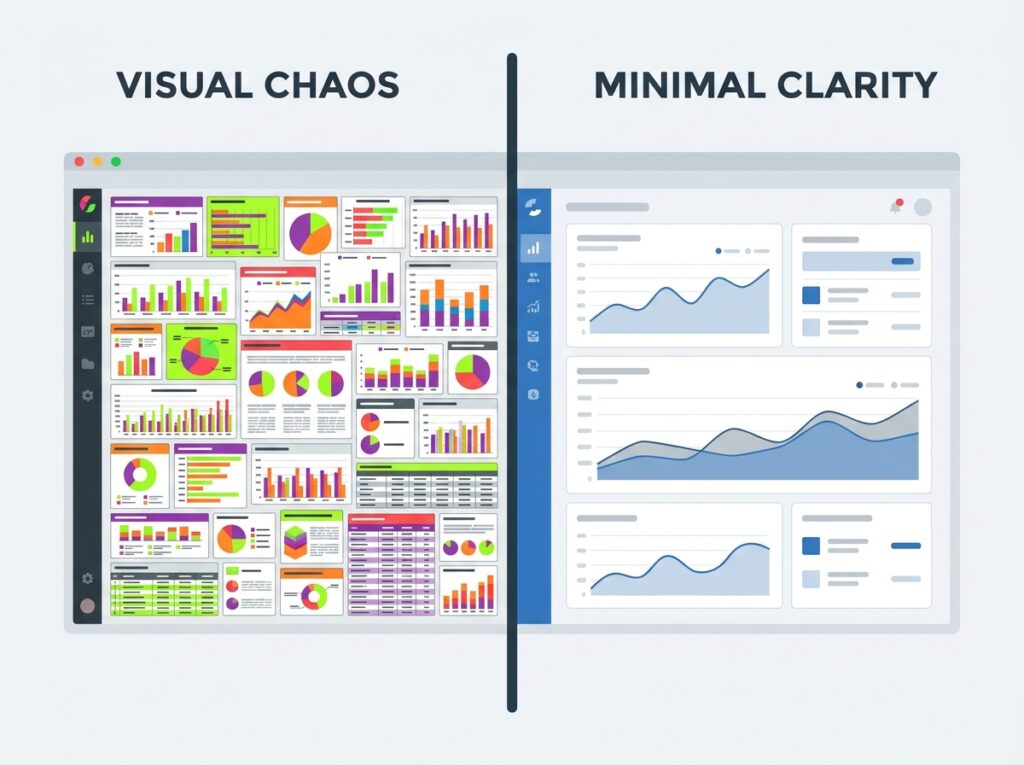 Comparison of a cluttered Power BI dashboard versus a clean, minimal professional dashboard design