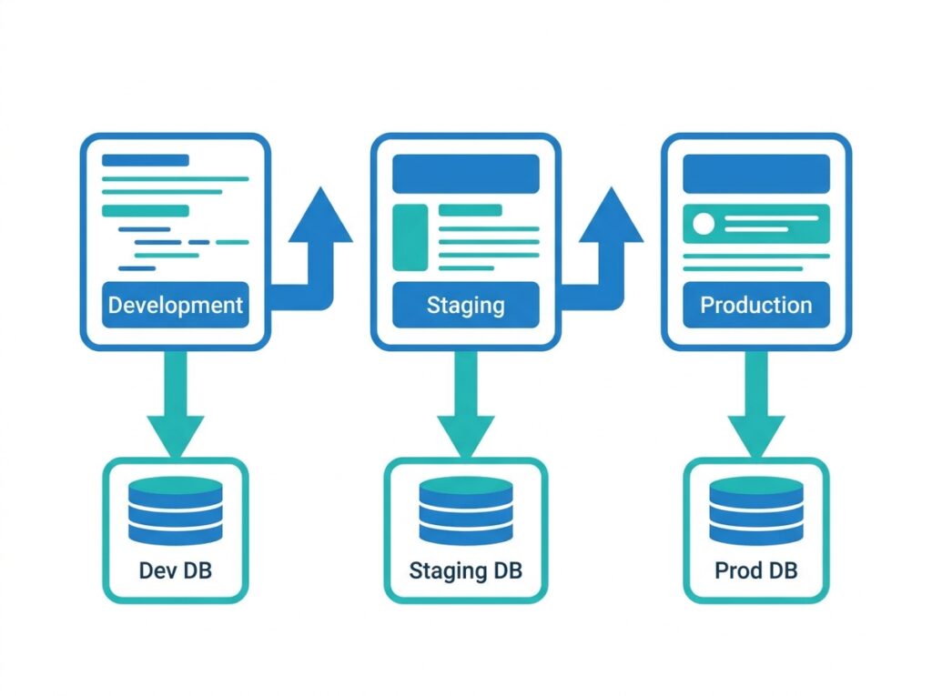 Power BI Deployment Pipeline architecture showing three stages each connected to its own data source