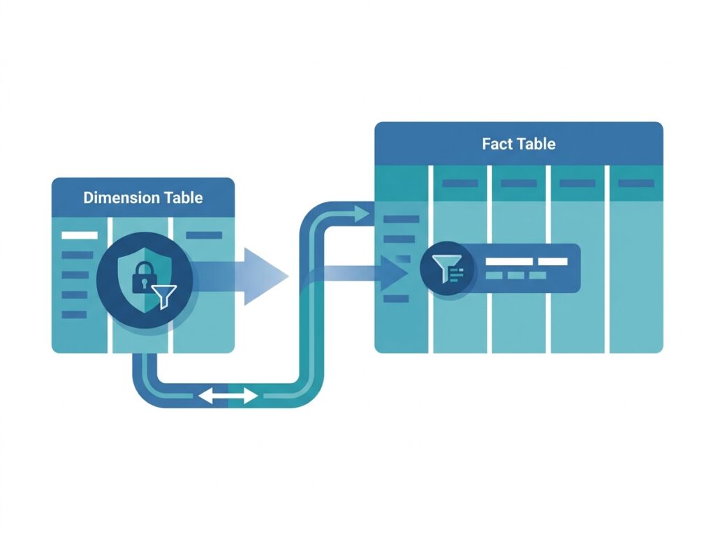 Diagram showing how a Row-Level Security filter propagates from a dimension table through a relationship to the fact table in Power BI