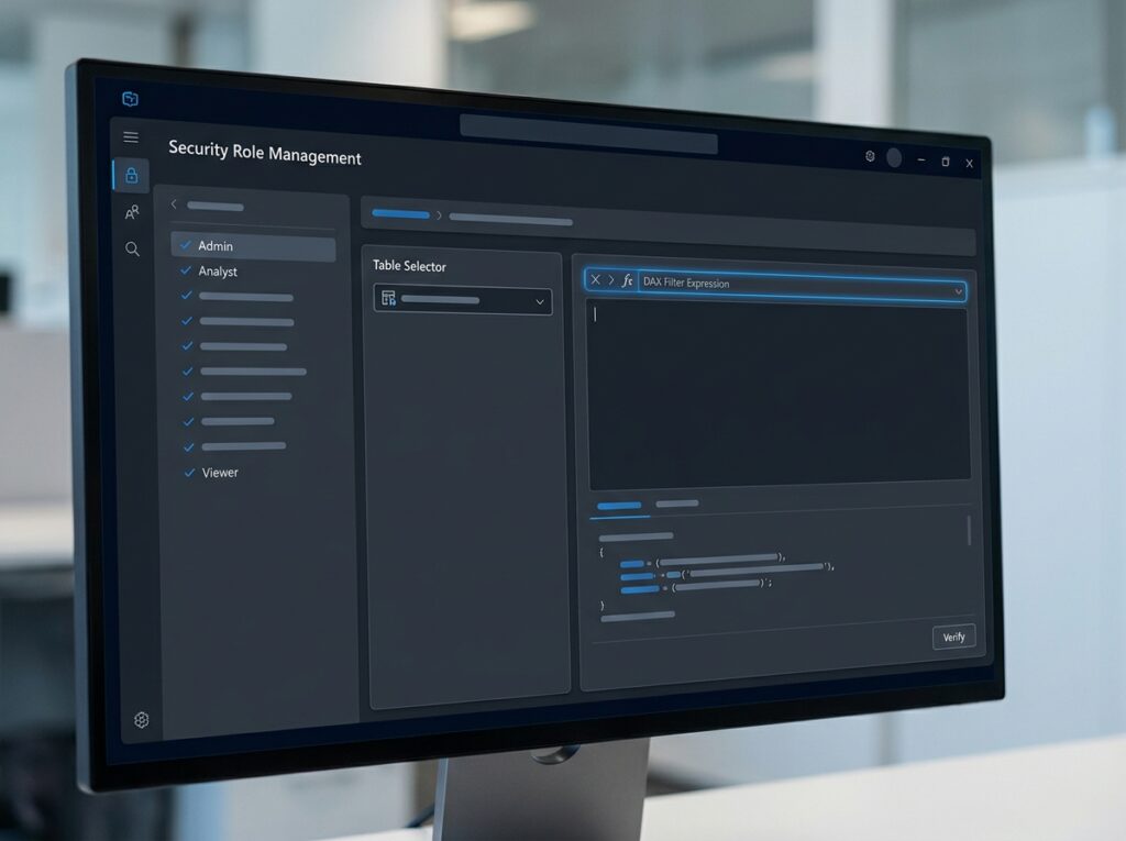 Power BI Manage Roles dialog showing security roles and a DAX table filter expression