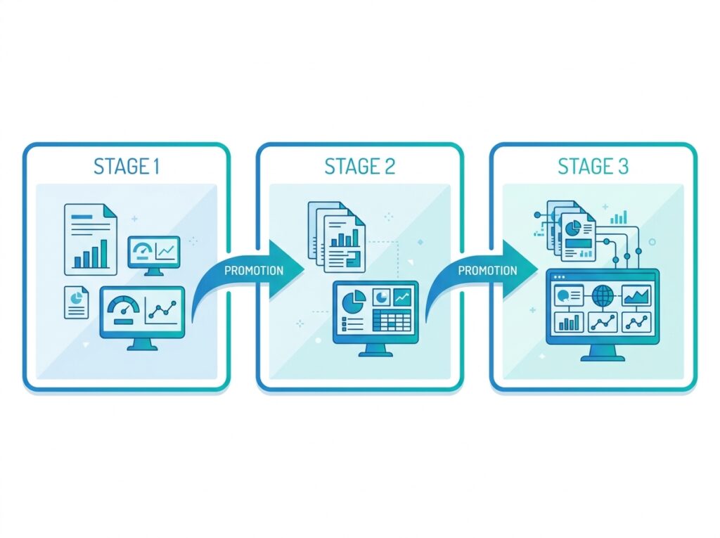 Diagram of the three Power BI Deployment Pipeline stages as linked Development, Test, and Production workspaces