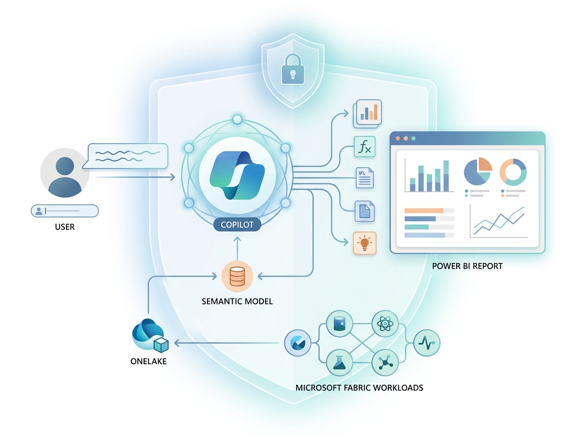 Microsoft Fabric Copilot using natural language, semantic models, and governed enterprise data to generate reports, DAX, and analytics inside Microsoft Fabric.