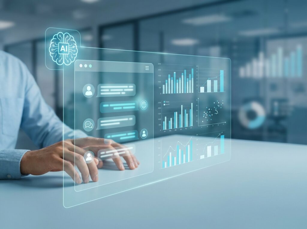 Microsoft Fabric Copilot shown as an AI assistant helping a person build a data report from a natural language prompt