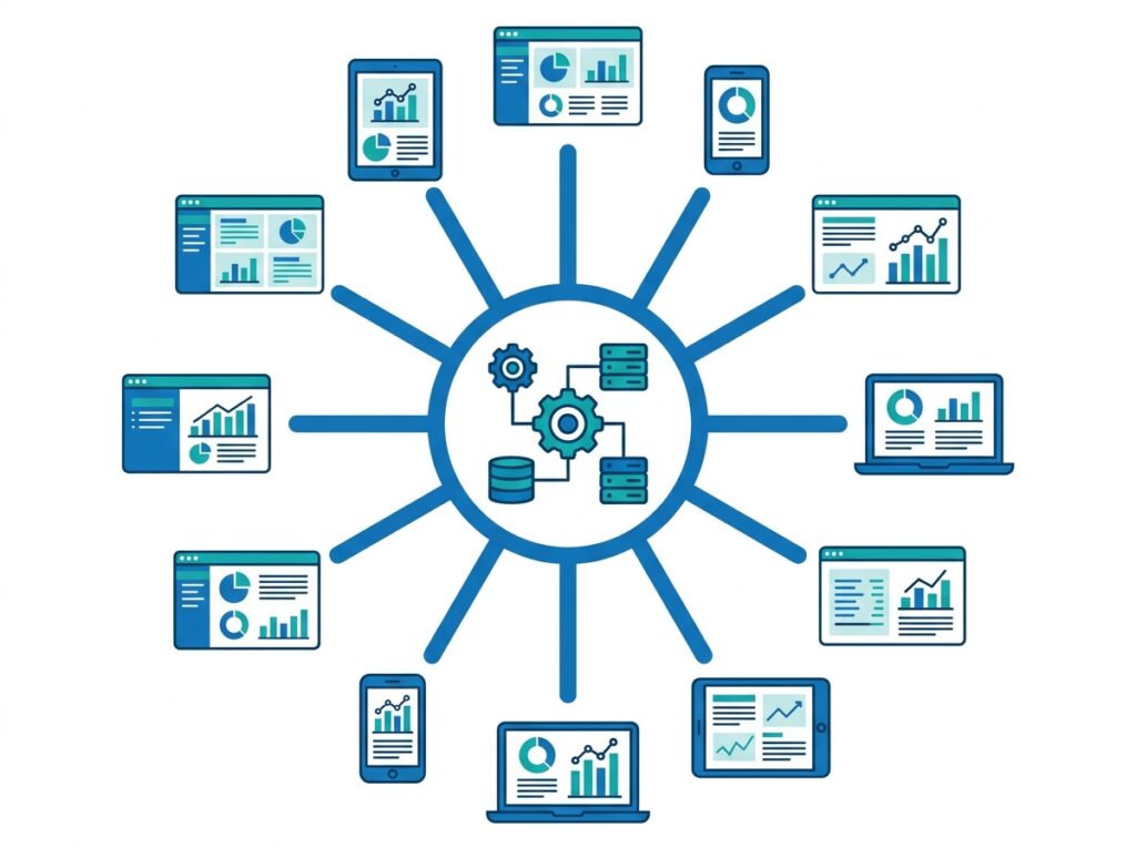 One shared semantic model at the centre connected to many reports in a hub-and-spoke pattern