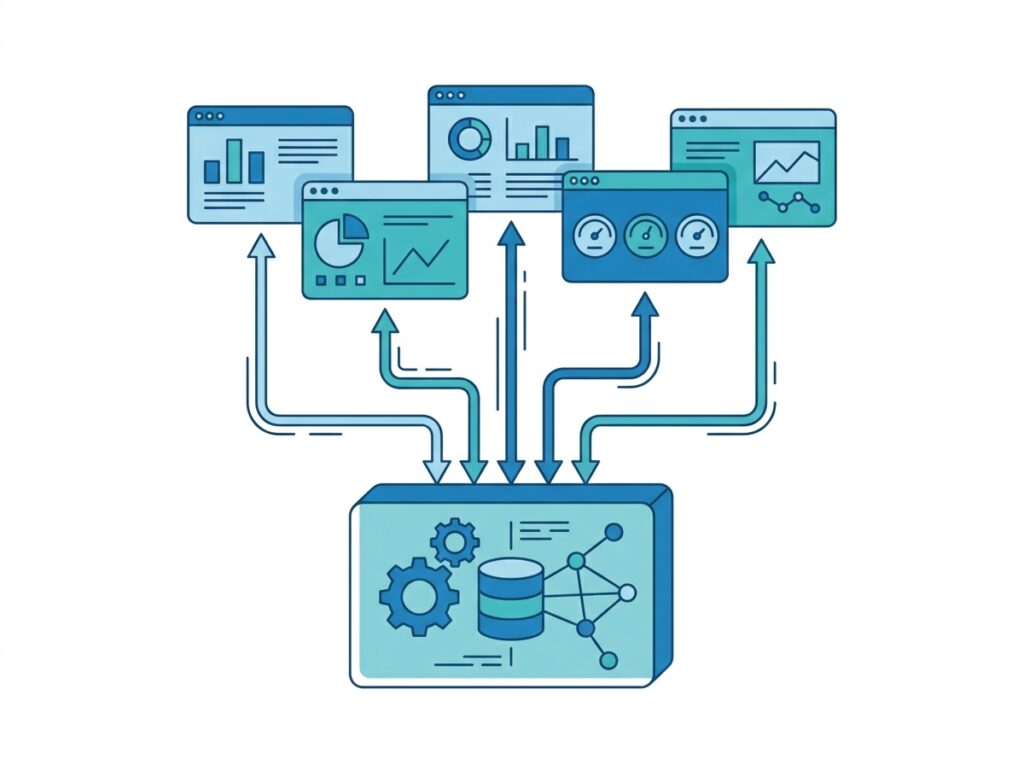 Thin reports holding only visuals, all connected to one shared semantic model that holds the data and logic