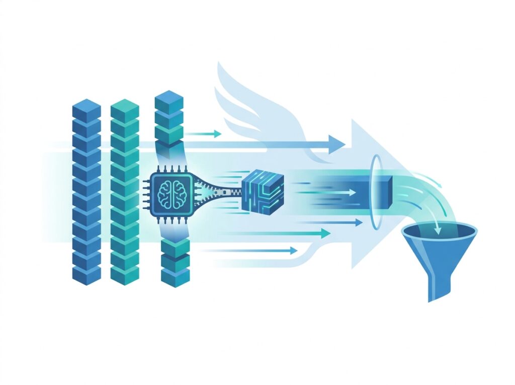 Concept of the VertiPaq in-memory columnar engine compressing and scanning column segments at high speed