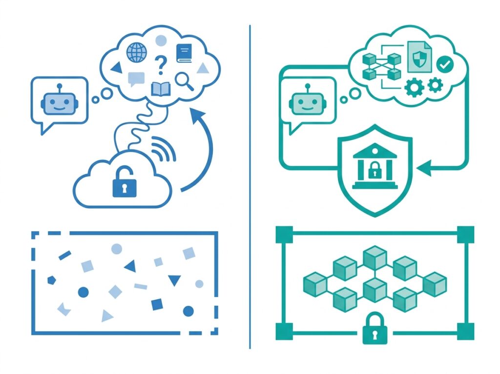 Comparison of a general assistant answering from the open world versus Copilot answering from governed enterprise data