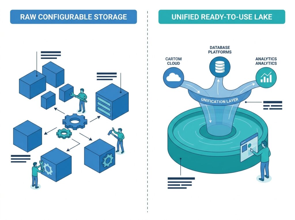 Comparison showing OneLake as a unified SaaS layer built on top of Azure Data Lake Storage Gen2
