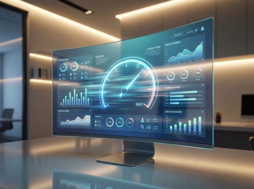 Power BI performance optimization concept showing a fast-loading dashboard with a speed gauge