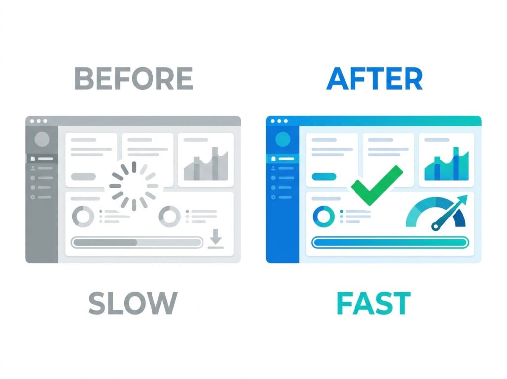 Before and after comparison showing a Power BI dashboard loading dramatically faster after optimization