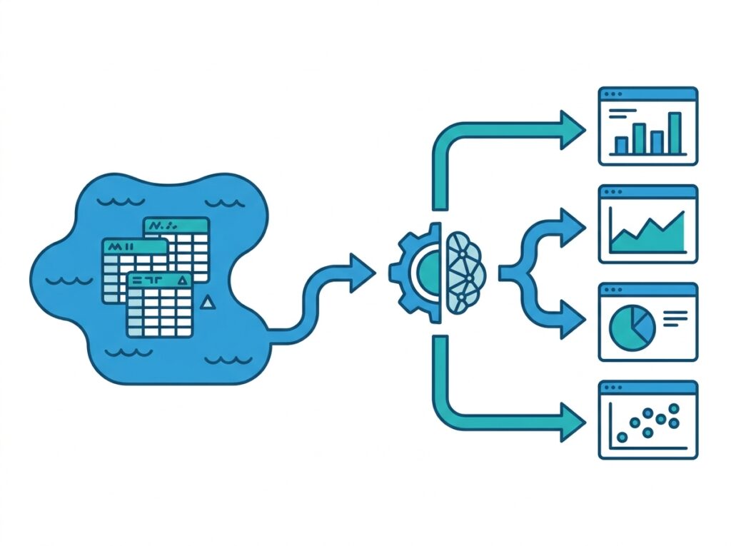 Data flowing from OneLake Delta tables through a semantic model out to several Power BI reports