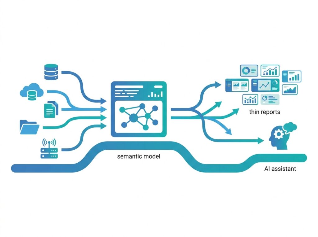 End-to-end enterprise reporting workflow from sources through one semantic model to many reports and AI