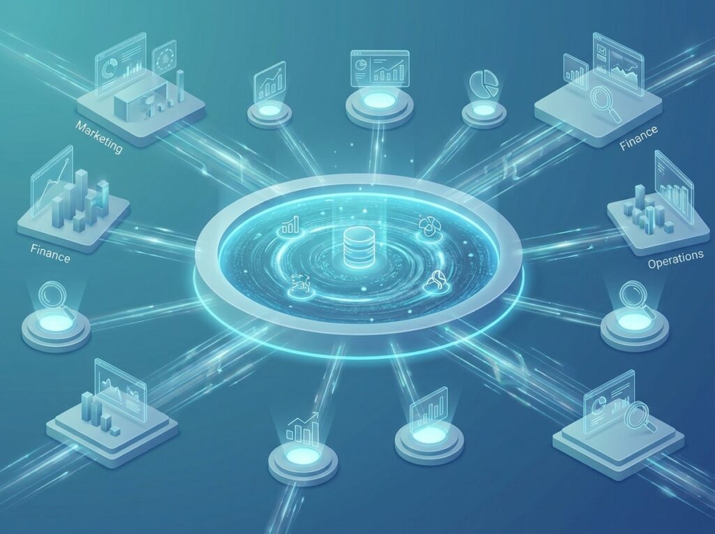 OneLake shown as a single unified data lake serving many tools and departments from one shared source