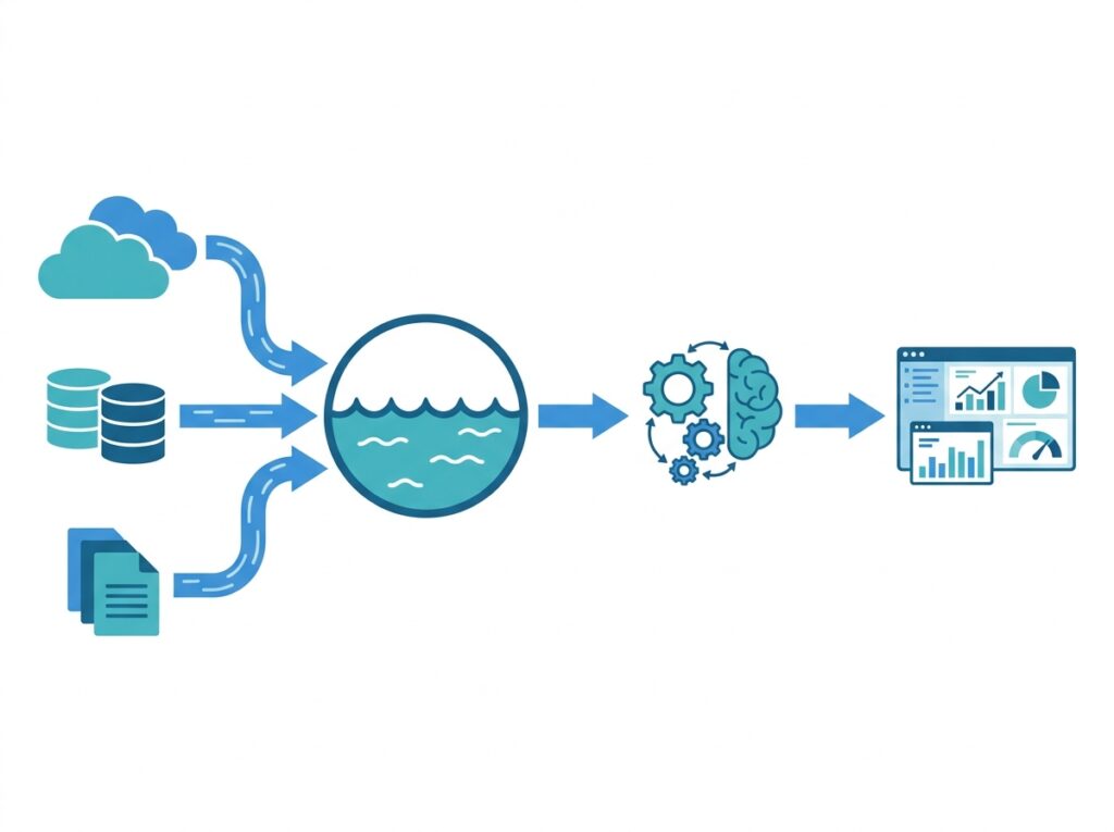 Workflow showing data in OneLake read by a Direct Lake model and surfaced in a live Power BI dashboard