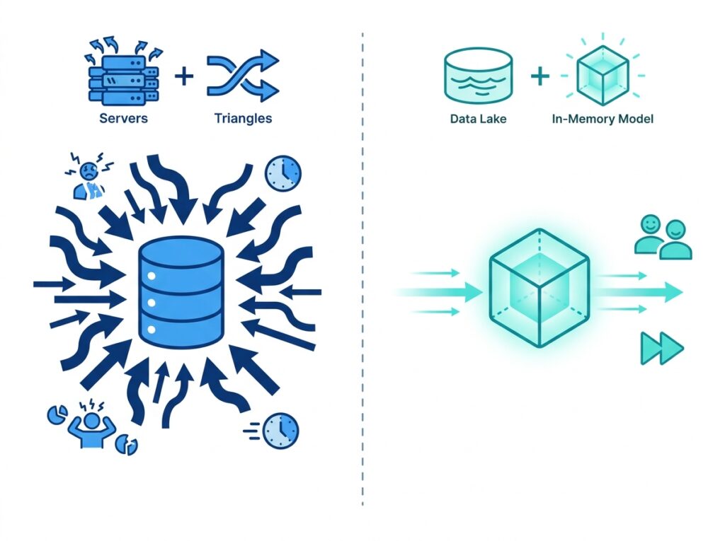 Comparison of DirectQuery repeatedly loading a source database versus