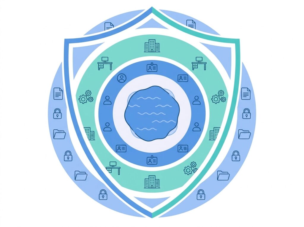 OneLake security shown as layered protection using identity, workspace roles, and item-level permissions