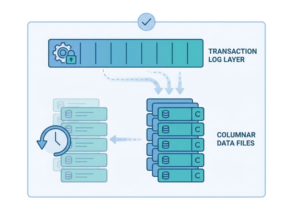 Delta Lake architecture showing Parquet data files with a transaction log providing reliable versioned tables