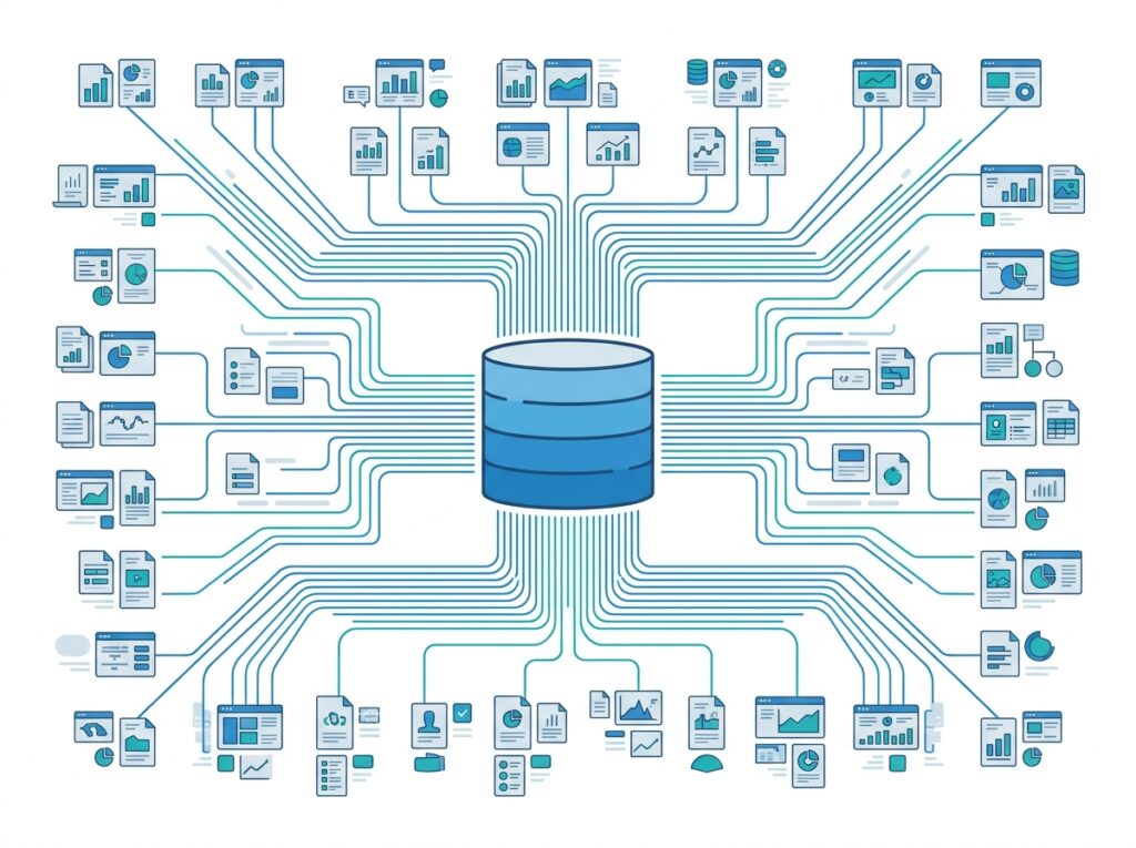 Enterprise architecture with many reports reading from one shared OneLake through Direct Lake connections