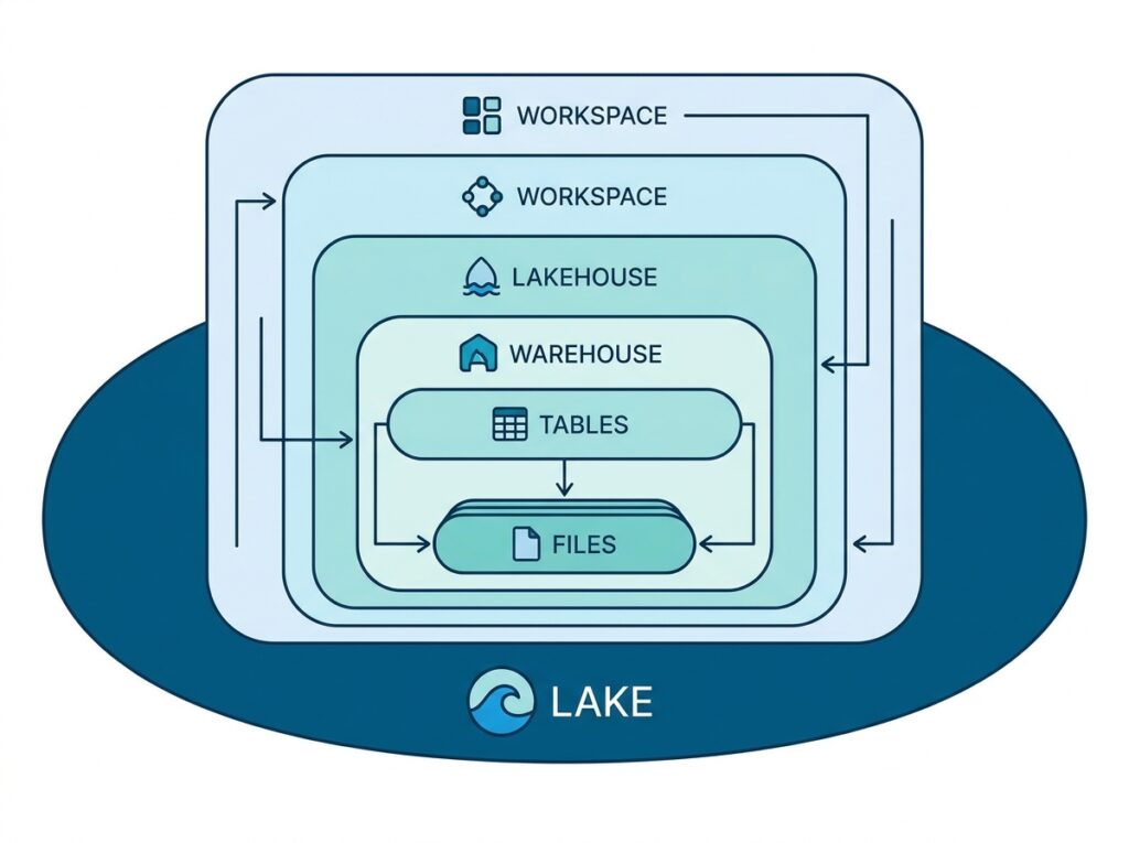 OneLake architecture showing one tenant lake divided into workspaces holding lakehouses, warehouses, and tables