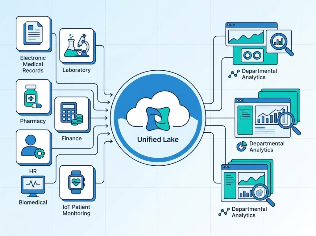 Hospital enterprise data platform on OneLake unifying medical records, lab, pharmacy, finance, HR, and IoT data