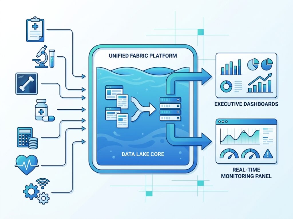 Hospital analytics architecture on Microsoft Fabric unifying EHR, lab, radiology, pharmacy, finance, and IoT data in OneLake