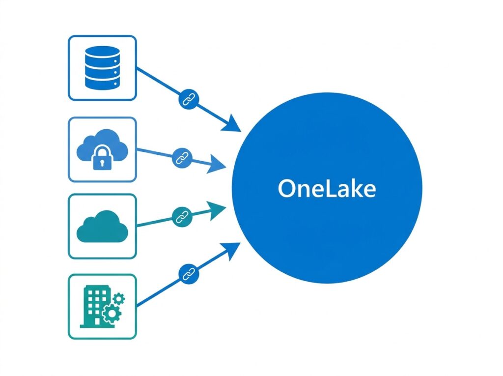 OneLake Shortcuts pointing to external data sources so they appear inside OneLake without being copied