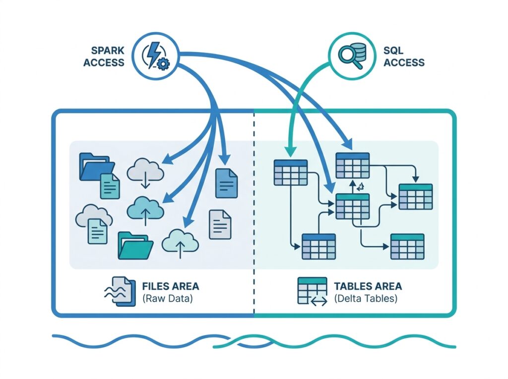Lakehouse storage in OneLake combining a raw files area and structured Delta tables with Spark and SQL access