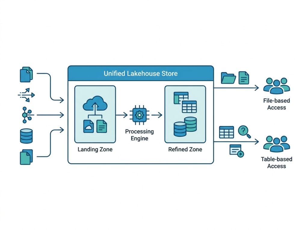 Lakehouse architecture in Microsoft Fabric combining raw file storage and structured tables in one store