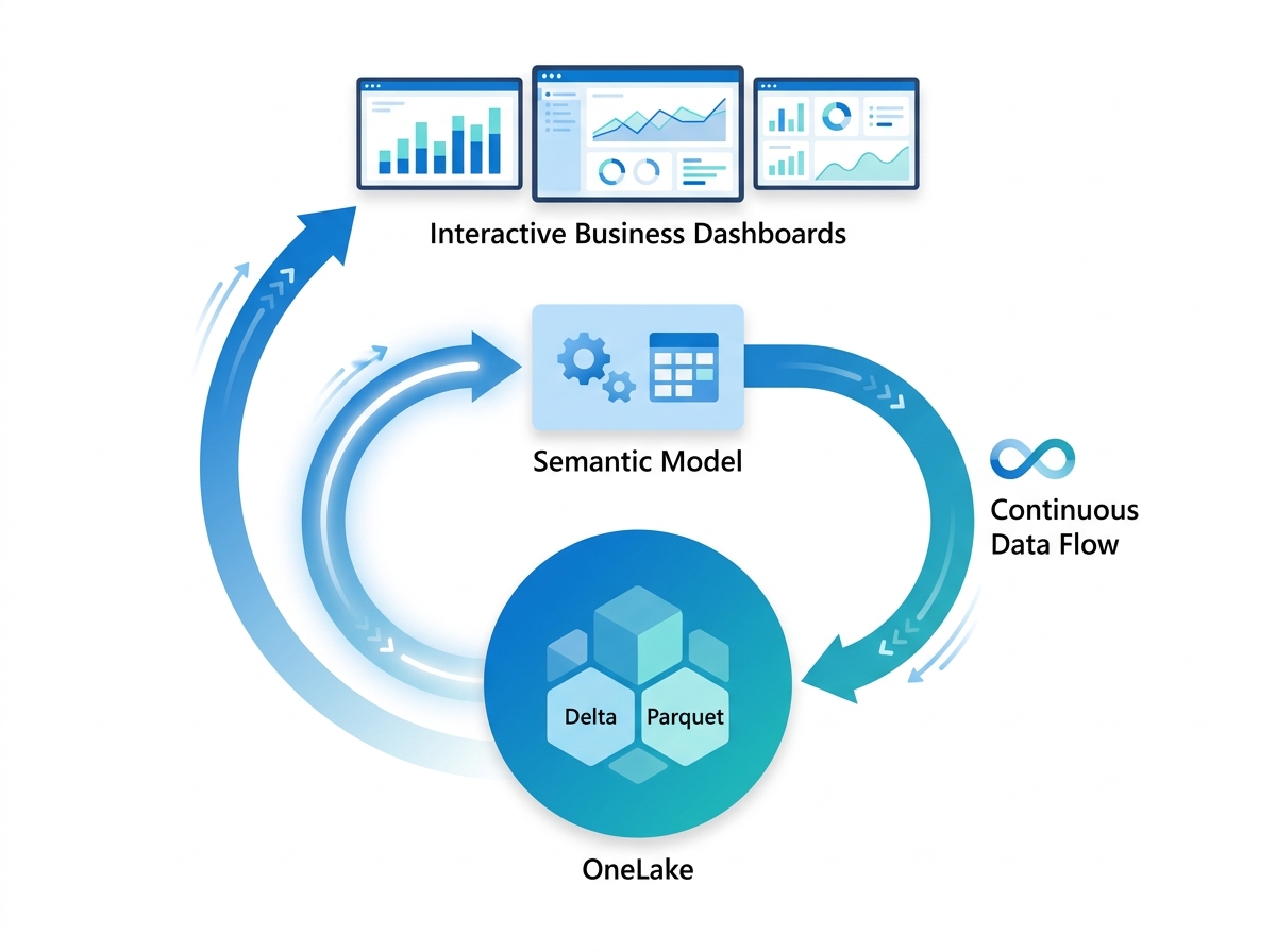 Power BI Direct Lake reading Delta Parquet data directly from OneLake through a semantic model without duplicated data or scheduled refresh.
