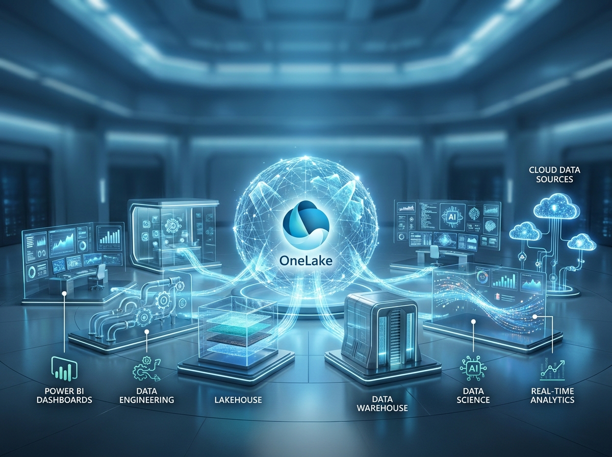 Microsoft OneLake providing a unified data lake that enables Power BI, Fabric workloads, and enterprise departments to share one governed copy of data.