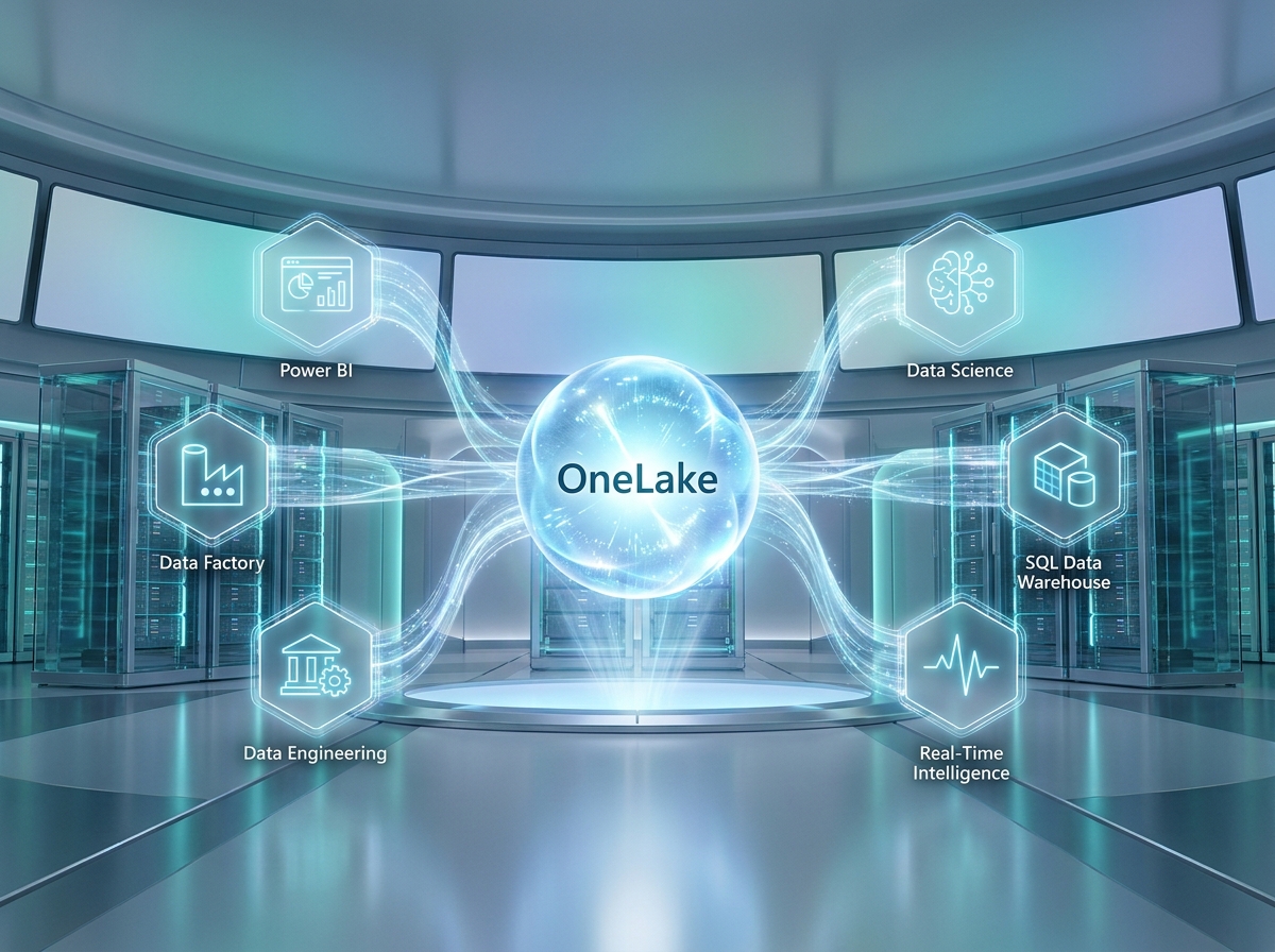 Microsoft Fabric unified analytics platform connecting OneLake, Power BI, Data Factory, Data Engineering, Data Science, Data Warehouse, and Real-Time Intelligence in a single cloud ecosystem.