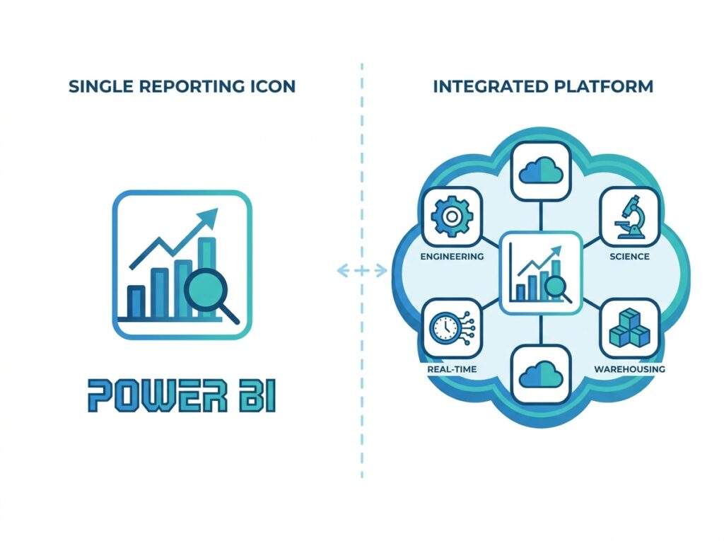 Comparison showing Power BI as the reporting workload within the broader Microsoft Fabric platform