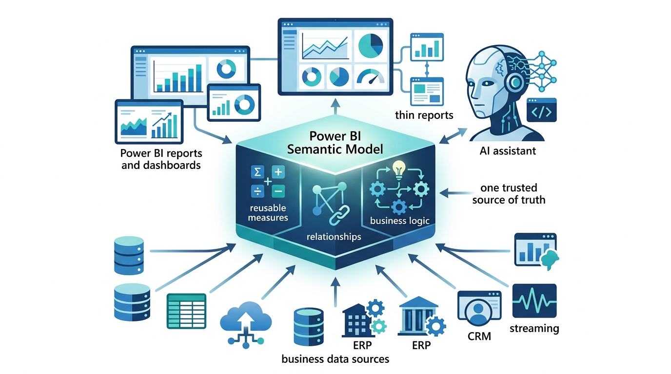 Power BI Semantic Model acting as a shared data-and-logic layer that powers multiple reports, dashboards, thin reports, and AI with consistent business logic
