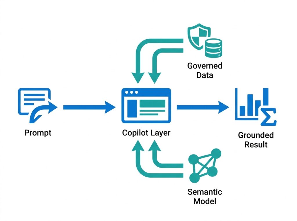 How Fabric Copilot works by grounding a natural language prompt in governed data and a semantic model