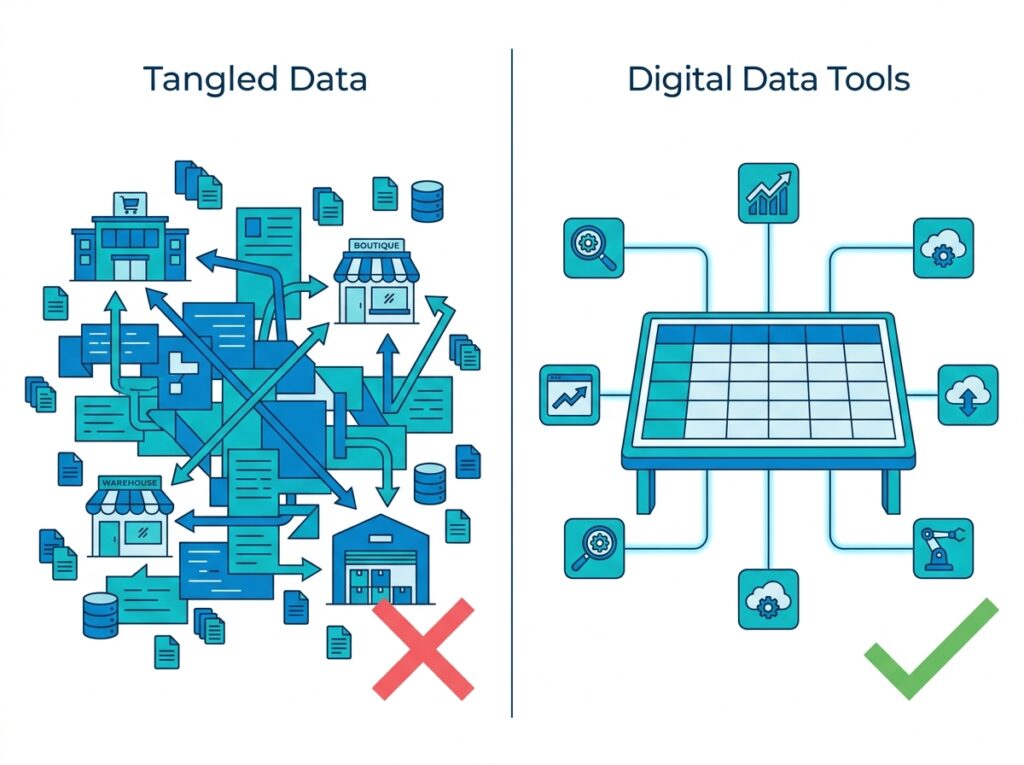 Contrast between duplicated scattered data and a single reused OneLake table serving many tools