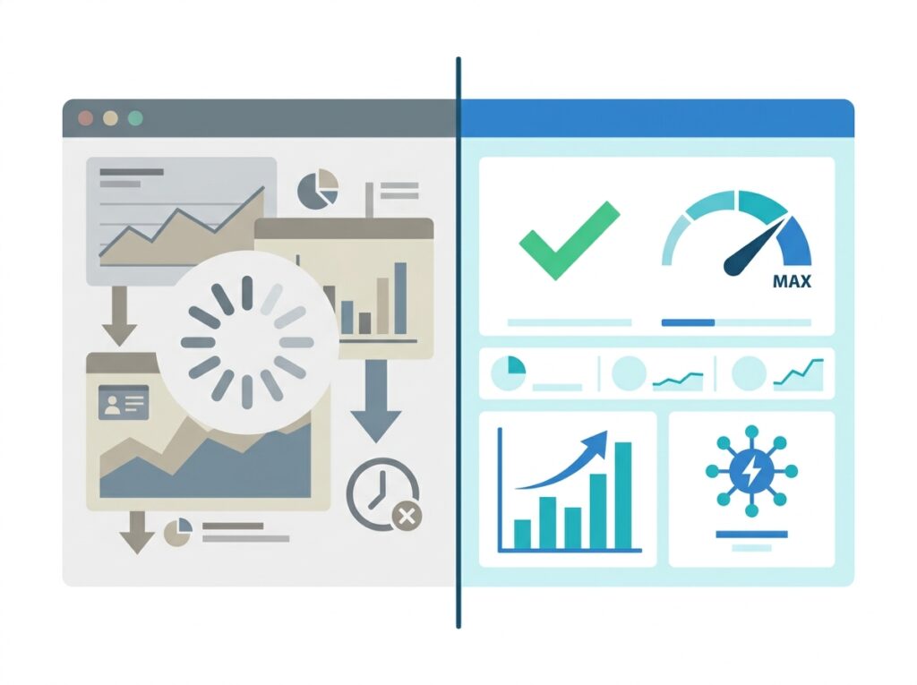 Comparison of a slow cluttered Power BI dashboard versus a fast optimized one