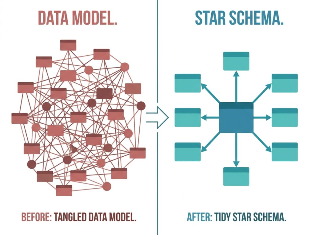 Optimizing a Power BI model from a tangled structure into a clean star schema
