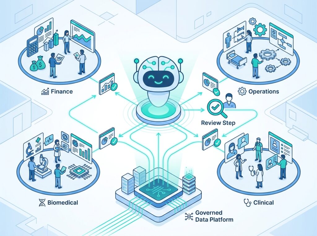 Hospital analytics teams using Fabric Copilot on a governed data platform with a human review step before use
