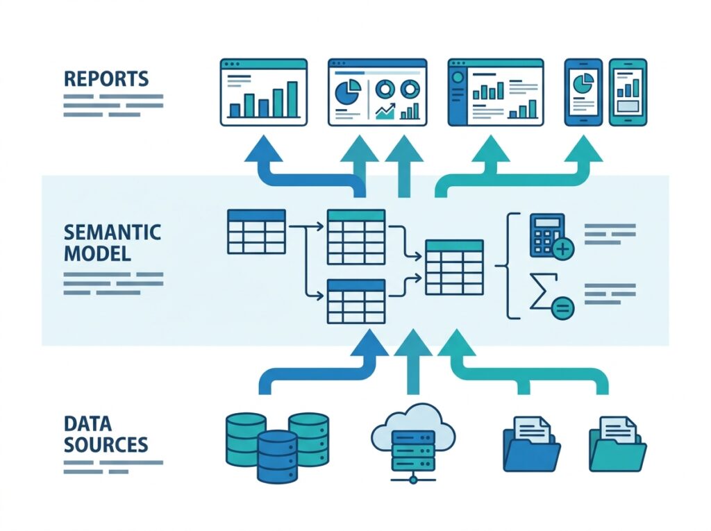 Semantic model architecture with data sources at the bottom, the model in the middle, and many reports on top