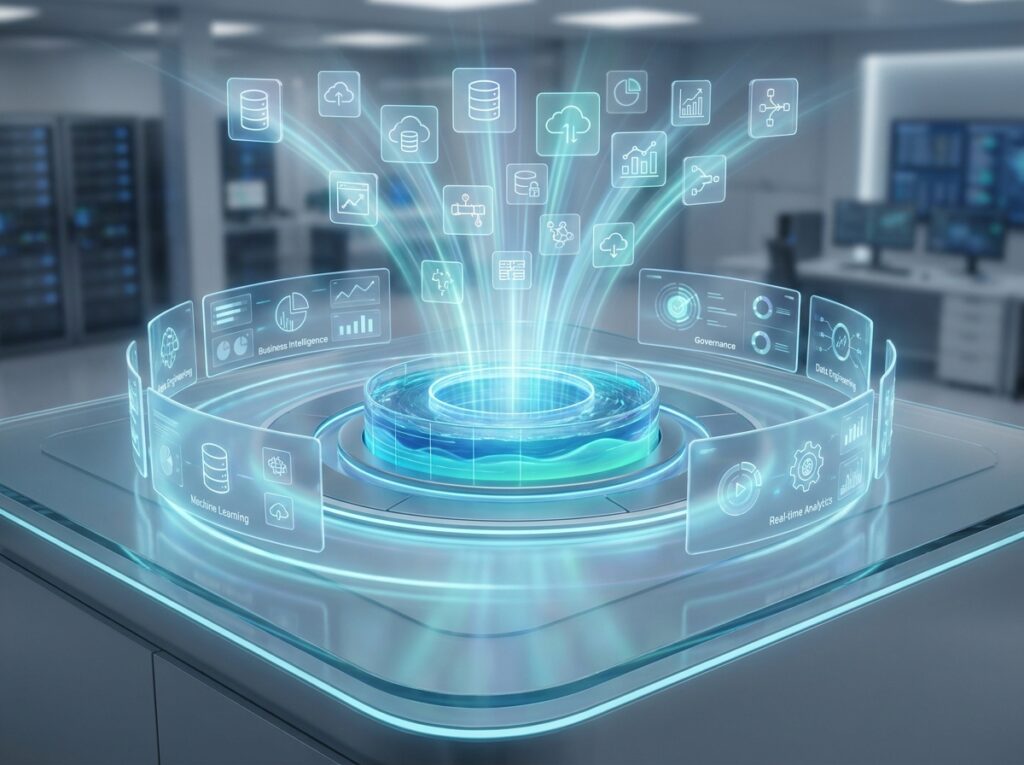 Microsoft Fabric shown as a unified analytics platform bringing many data tools together around a central data lake