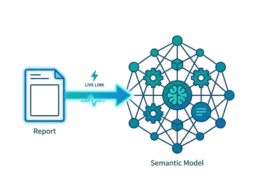 A report using Live Connection to read directly from a central semantic model without storing its own data