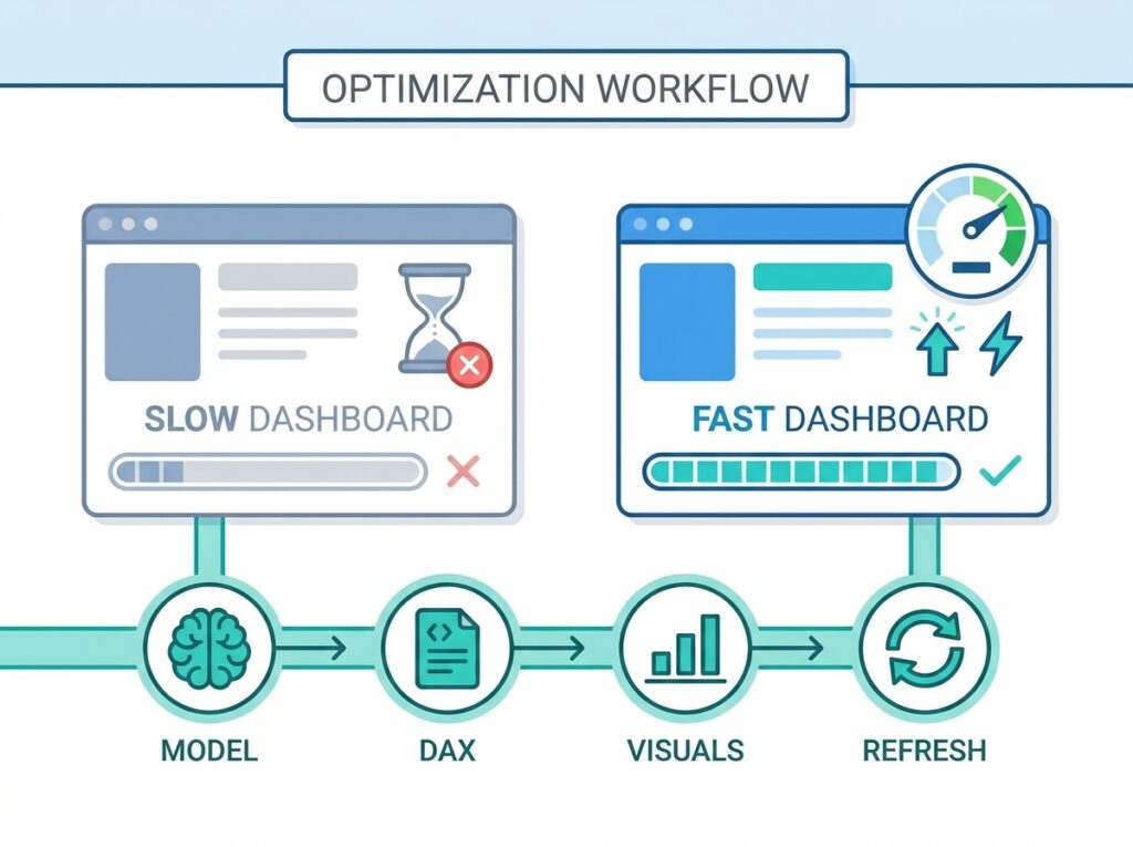 Hospital analytics performance optimization workflow taking a slow dashboard to a fast one in Power BI