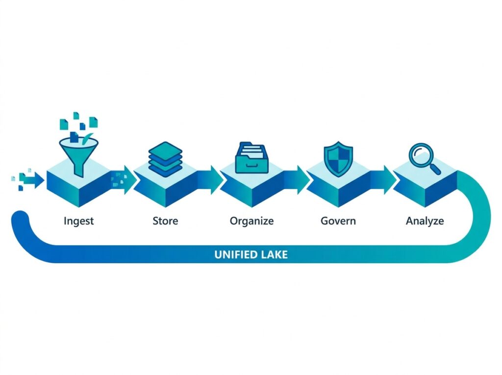 End-to-end enterprise analytics workflow resting on a single unified OneLake foundation