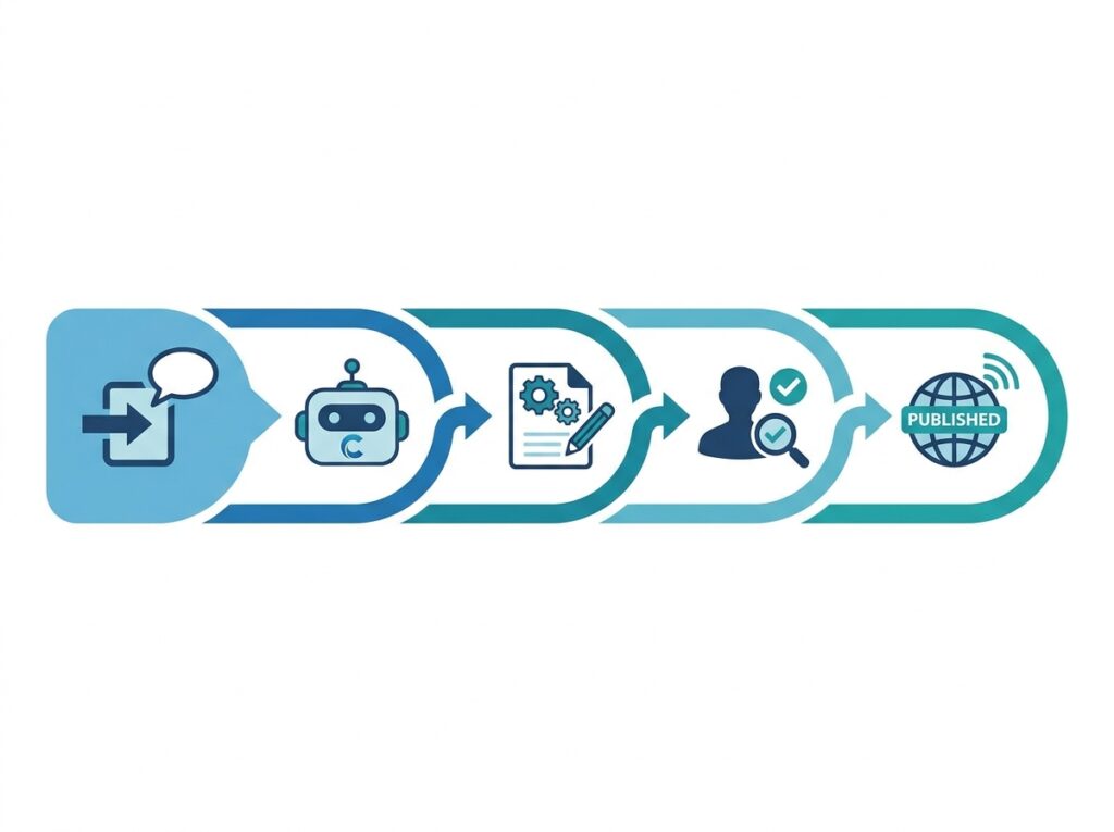 End-to-end Copilot workflow from prompt to draft to human review to published result

