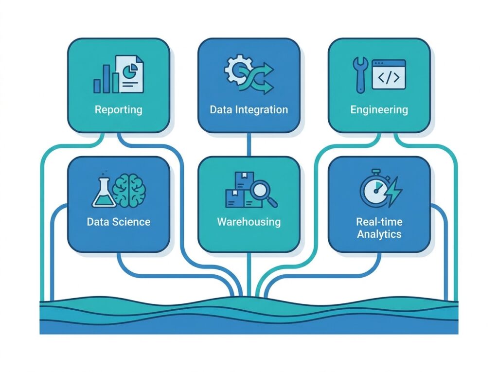 Overview of the main Microsoft Fabric workloads all connected to the shared OneLake foundation